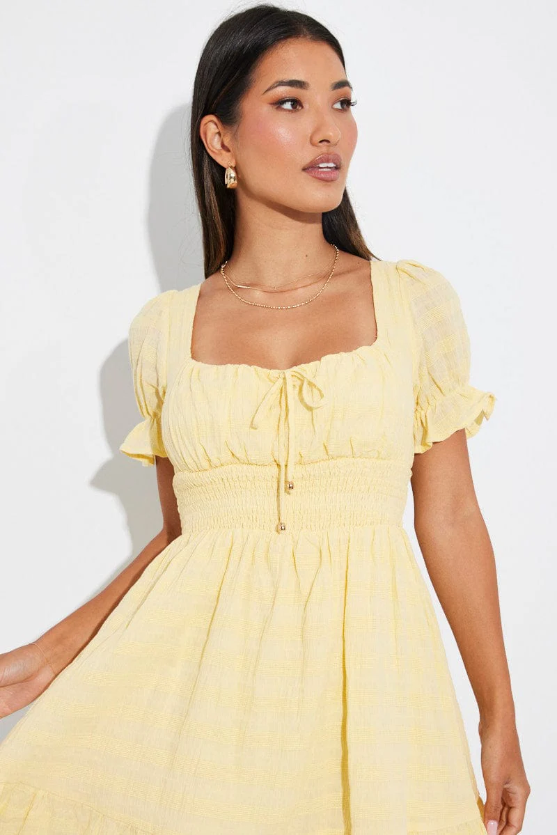 Yellow Fit And Flare Dress Puff Sleeve