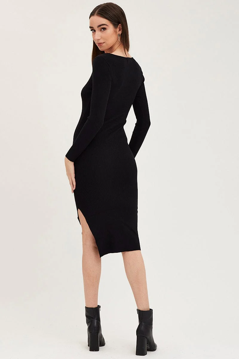 Black Dress Long Sleeve Midi Knit