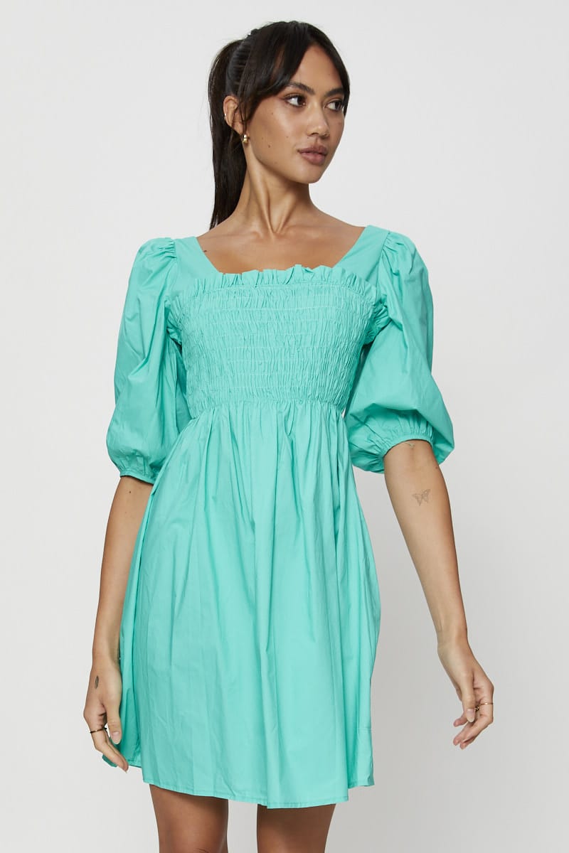 Green Mini Dress Short Sleeve Evening