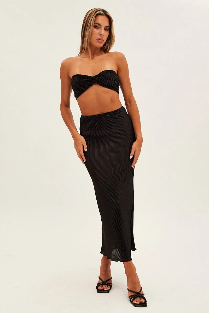 Black Plisse Skirt Maxi High Rise