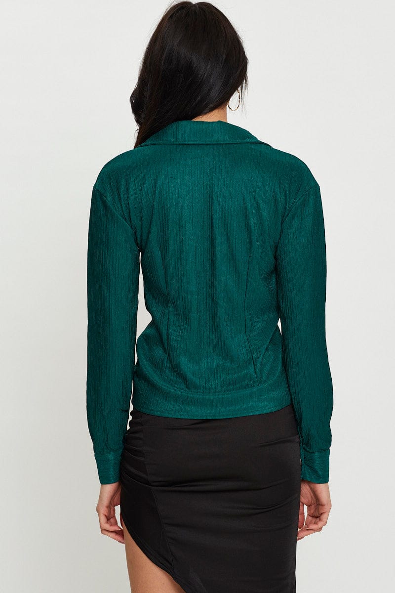 Green Oversized Shirts Long Sleeve Collared