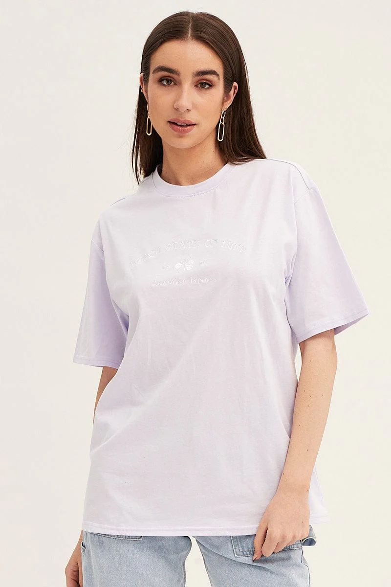 Purple Embroidered Crew Neck Oversized Tee
