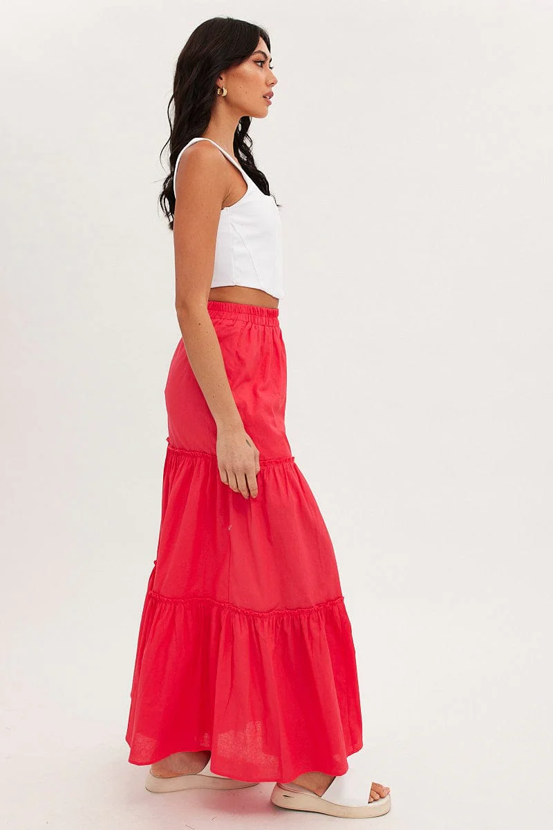 Red Maxi Skirt Tiered