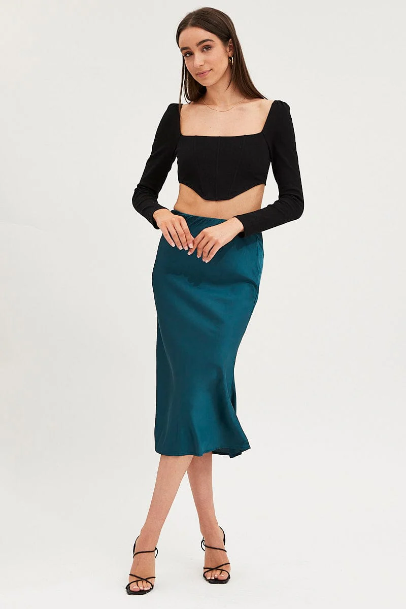 Blue Slip Skirt Midi Satin