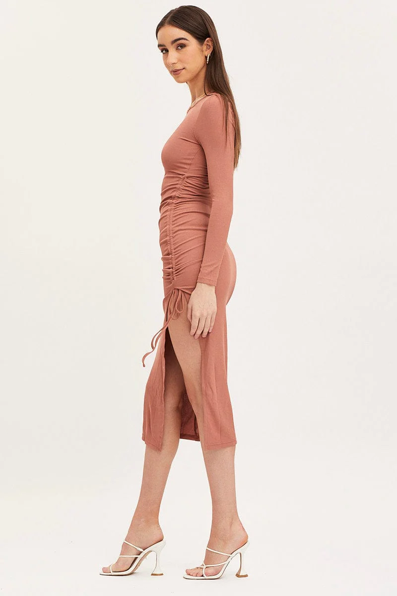 Brown Midi Dress Long Sleeve Bodycon