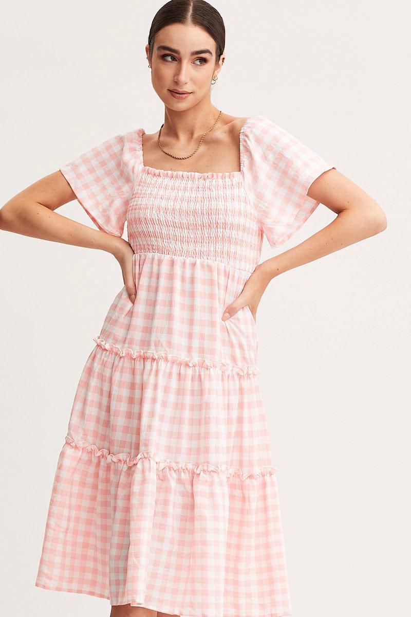 Check Dress Short Sleeve Midi