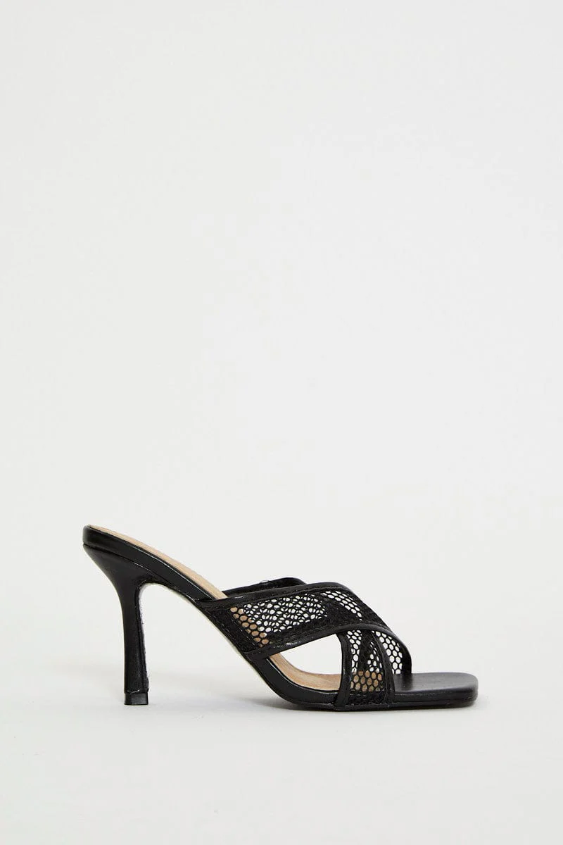 Black Penelope Cross Over Mesh Strap High Heel Mule