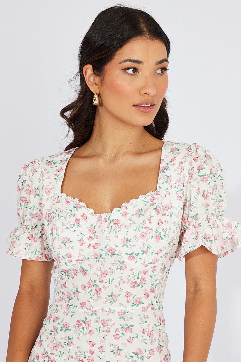 White Floral Midi Dress Puff Sleeve
