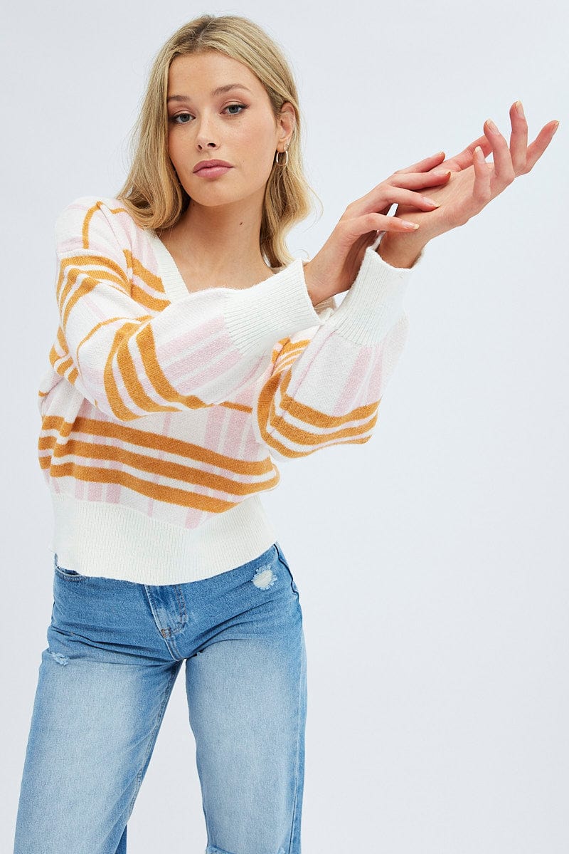 Check Knit Top Long Sleeve Round Neck