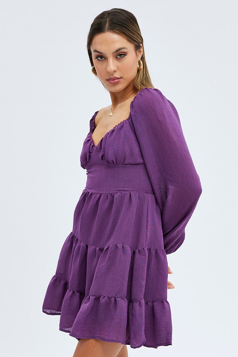 Purple Fit and Flare Dress Long Sleeve Tiered