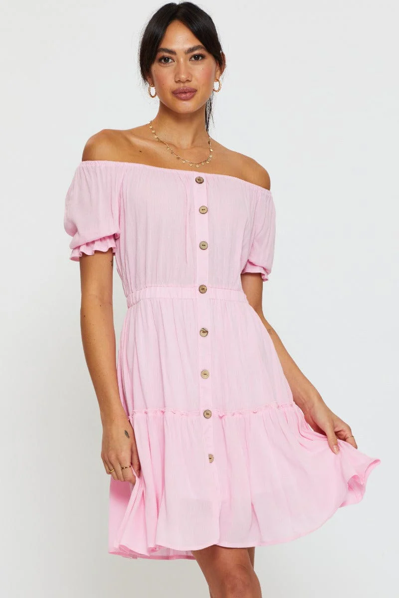Pink Mini Dress Off Shoulder Linen