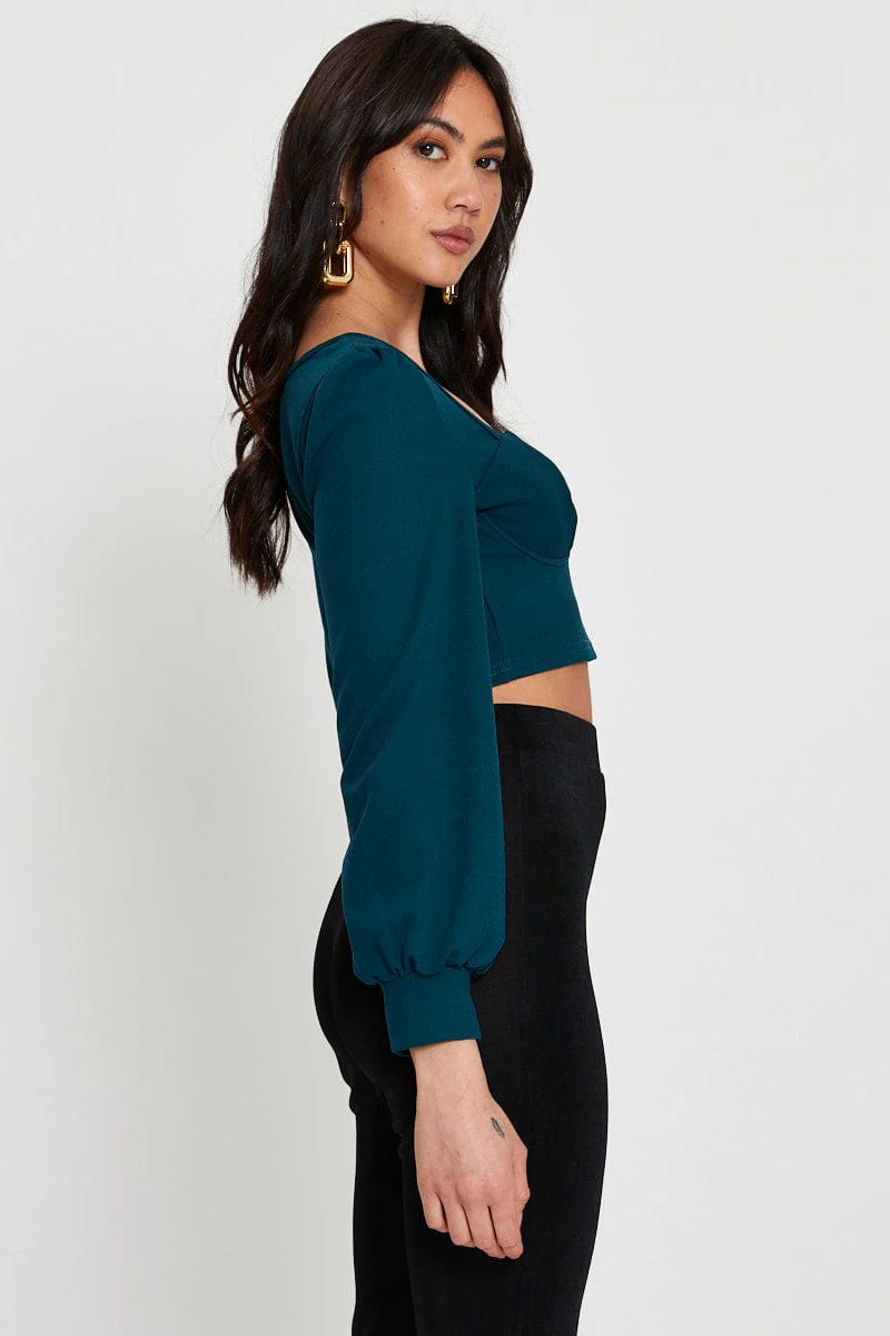Green Crop Top Long Sleeve Sweetheart