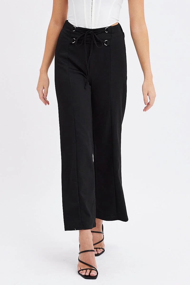 Black Straight Leg Pants High Rise Lace Up Jersey