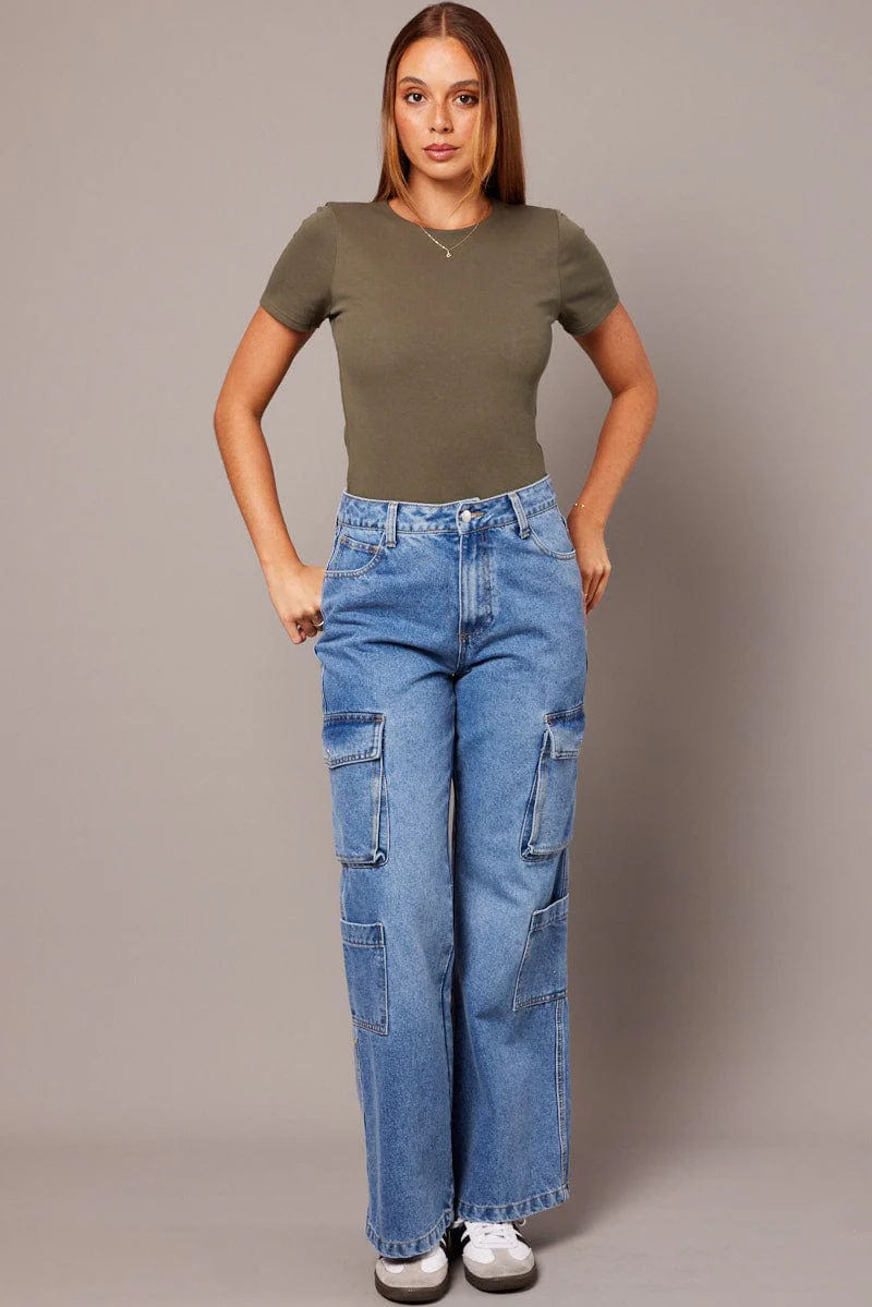 Green T Shirt Short Sleeve Round Neck Longline Lined