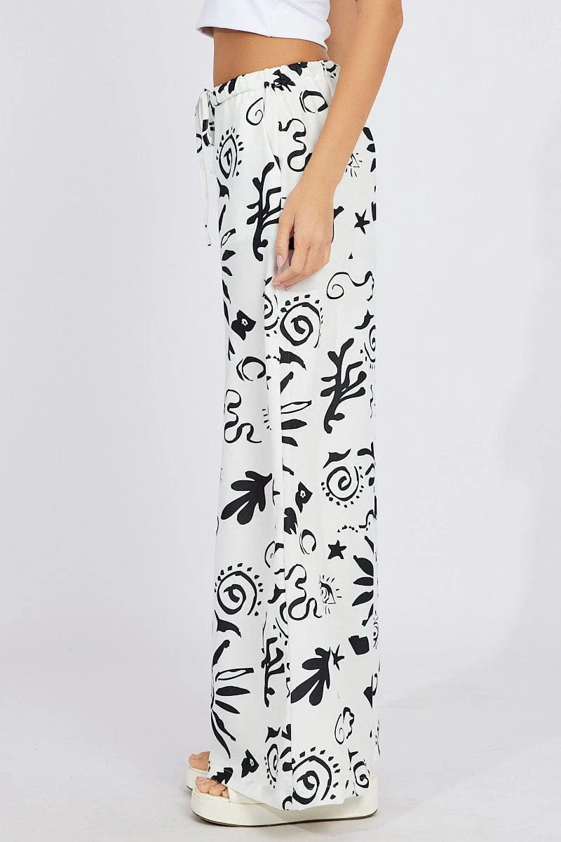 White Abstract Wide Leg Pants High Rise