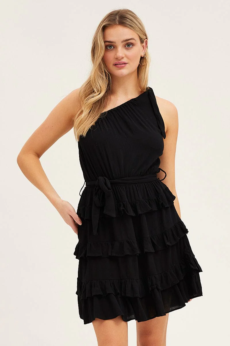 Black Mini Dress One Shoulder Sleeveless