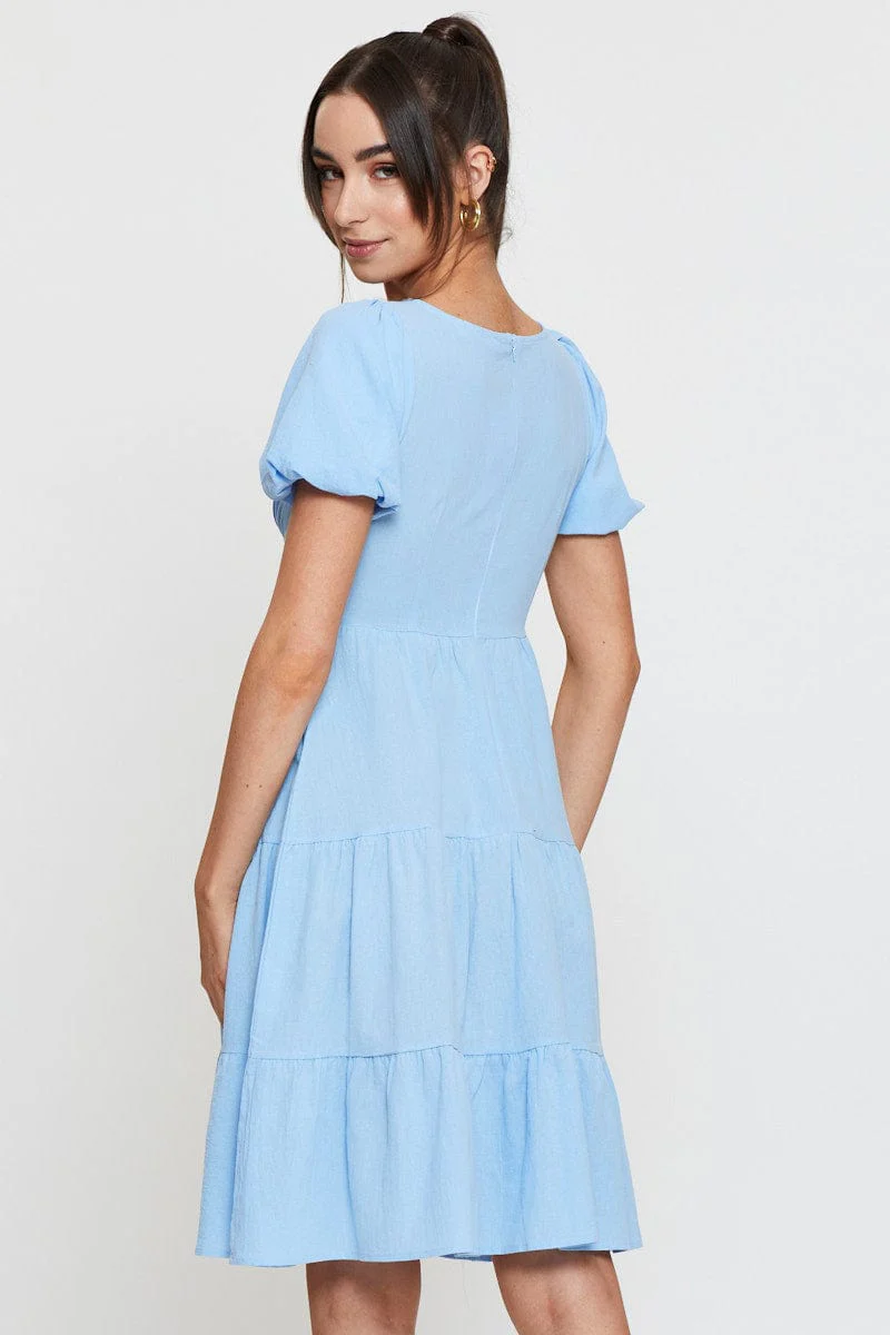 Blue Midi Dress Short Sleeve V Neck