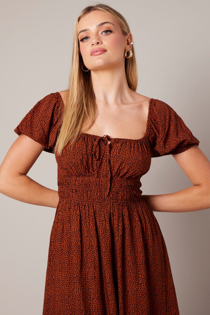 Brown Geo Midi Dress Short Sleeve Ruched Bust