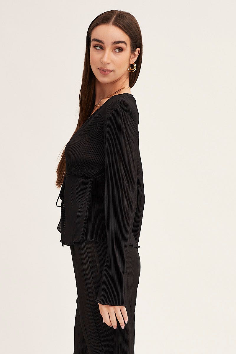Black Plisse Long Sleeve Tie Front Bolero