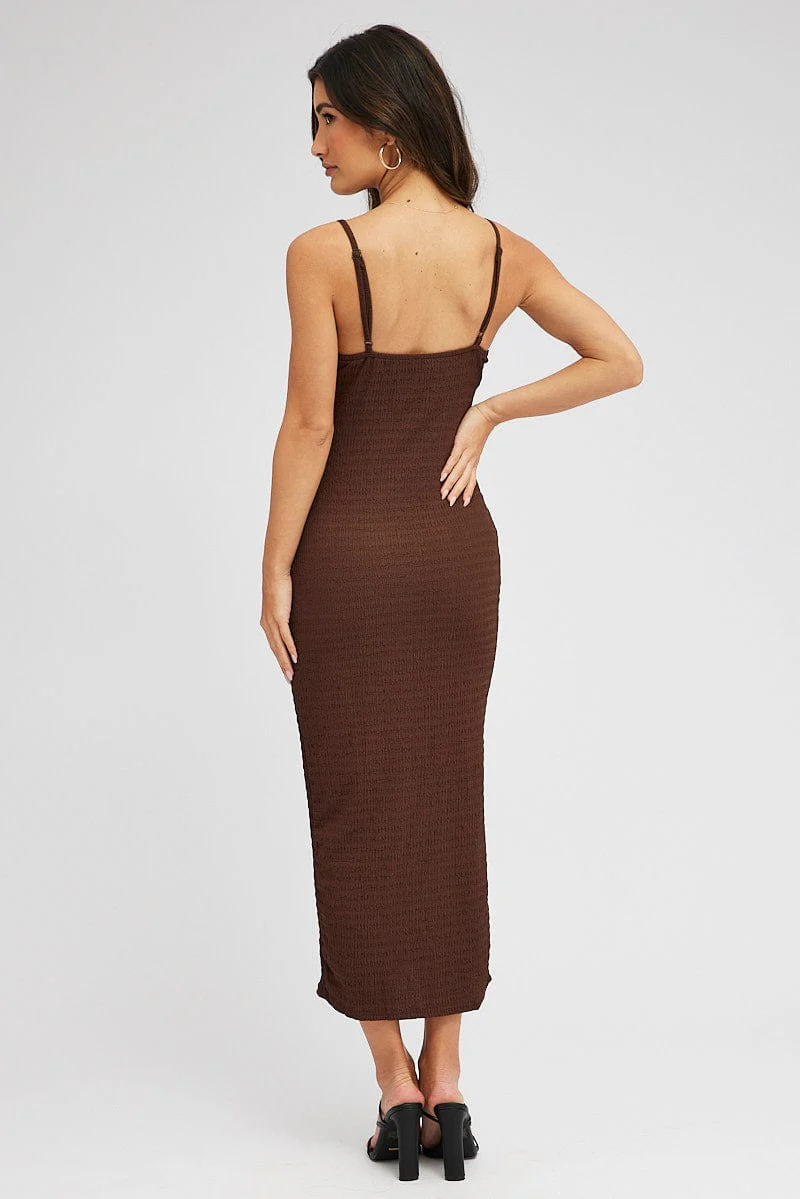 Brown Midi Dress Sleeveless Textured Fabric