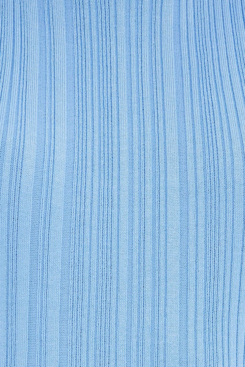 Blue Midi Dress Turtle Neck Bodycon Knitted Rib