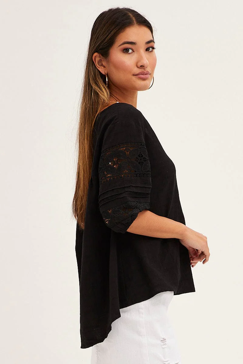 Black Lace Trim Top Half Sleeve V Neck Longline Cotton