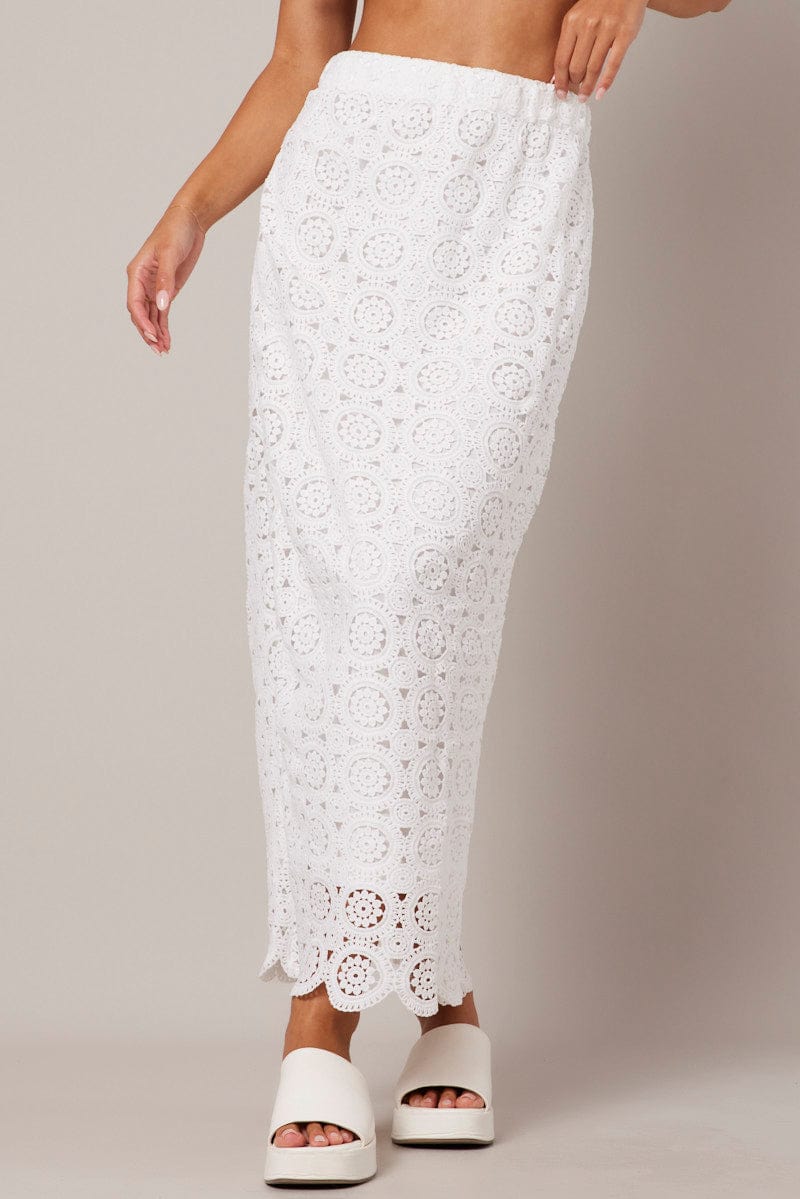 White Midi Skirt High Rise Lace