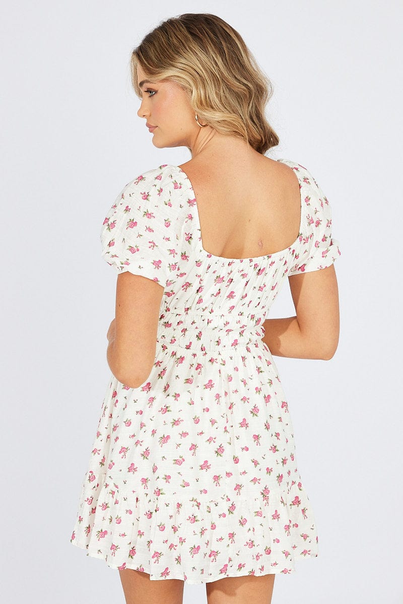 White Floral Fit And Flare Dress Puff Sleeve Mini