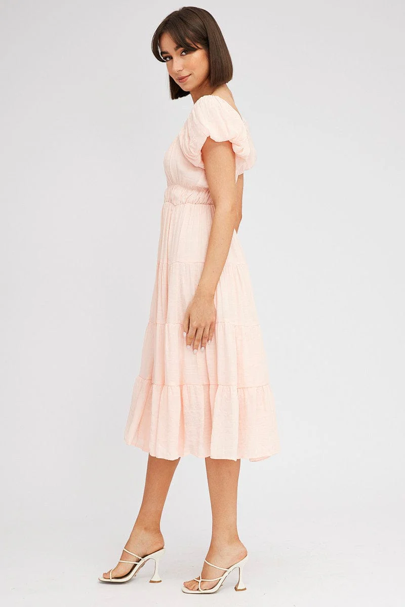Pink Midi Dress Short Sleeve Ruched