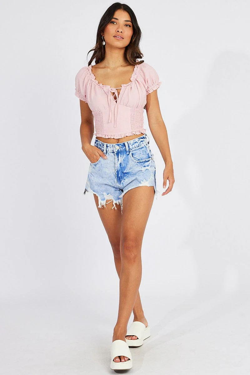 Pink Ruched Top Short Sleeve