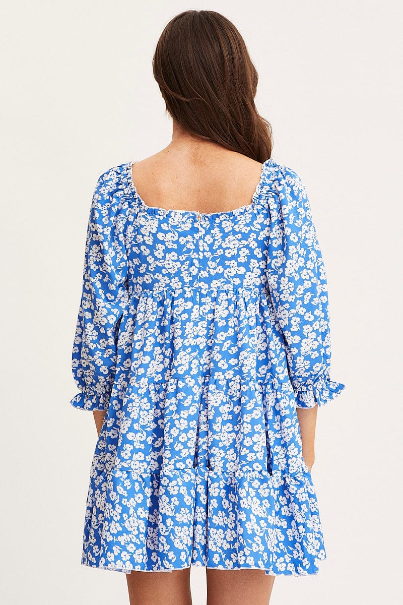 Ditsy Print Fit And Flare Dress Long Sleeve Square Neck