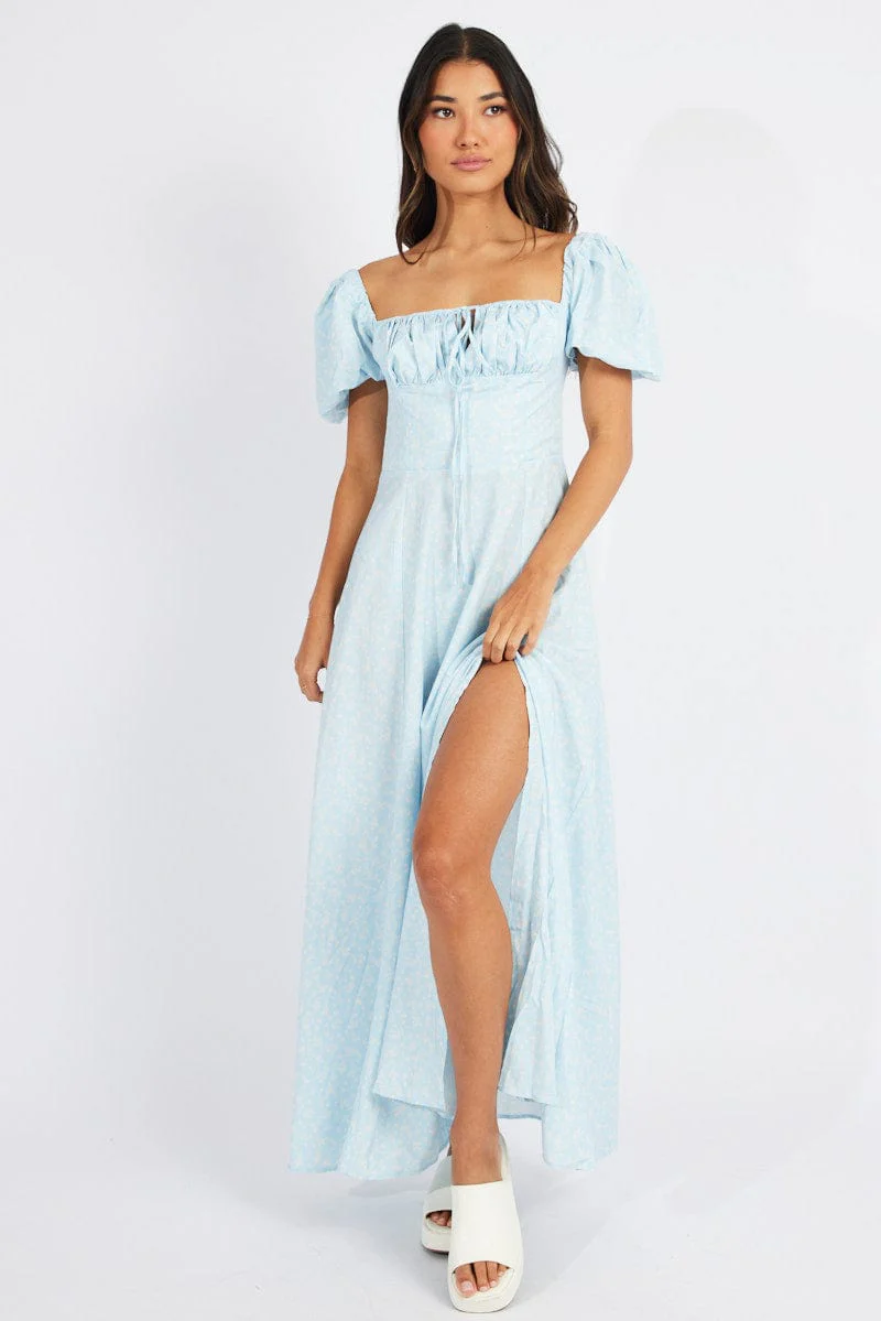 Blue Floral Ruched Bust Maxi Dress Short Sleeve