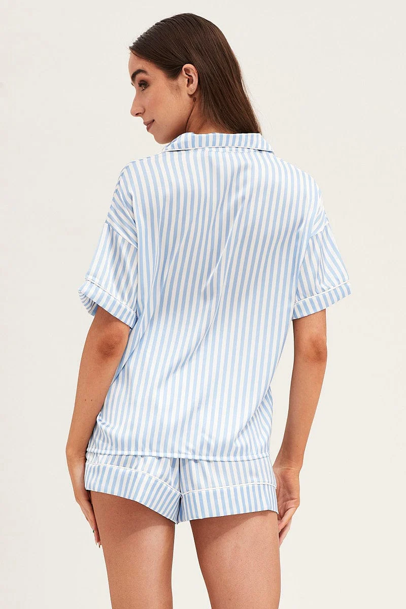 Stripe Satin Short Sleeve Top & Shorts Pj Set