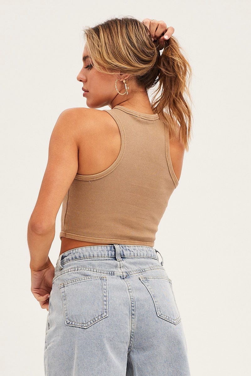 Brown Rib Jersey Curved Hem Tank
