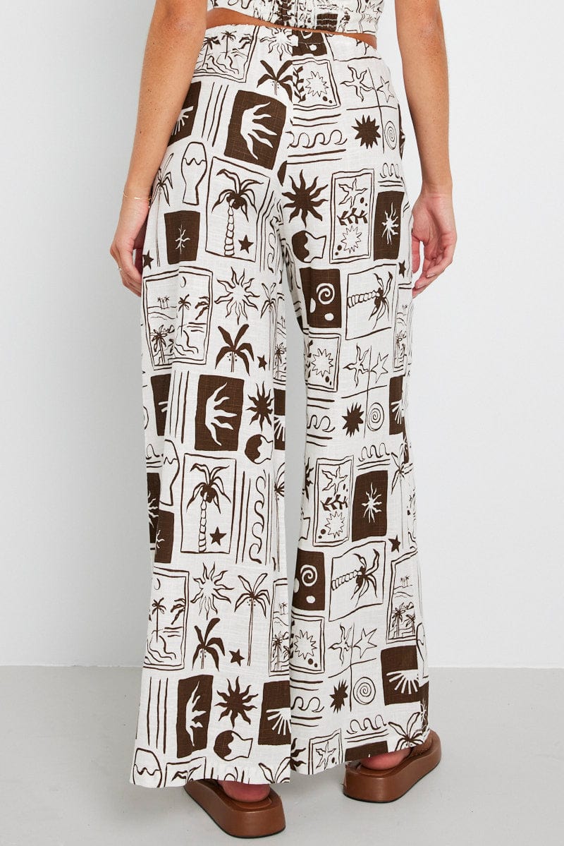 Brown Abstract Wide Leg Pants High Rise