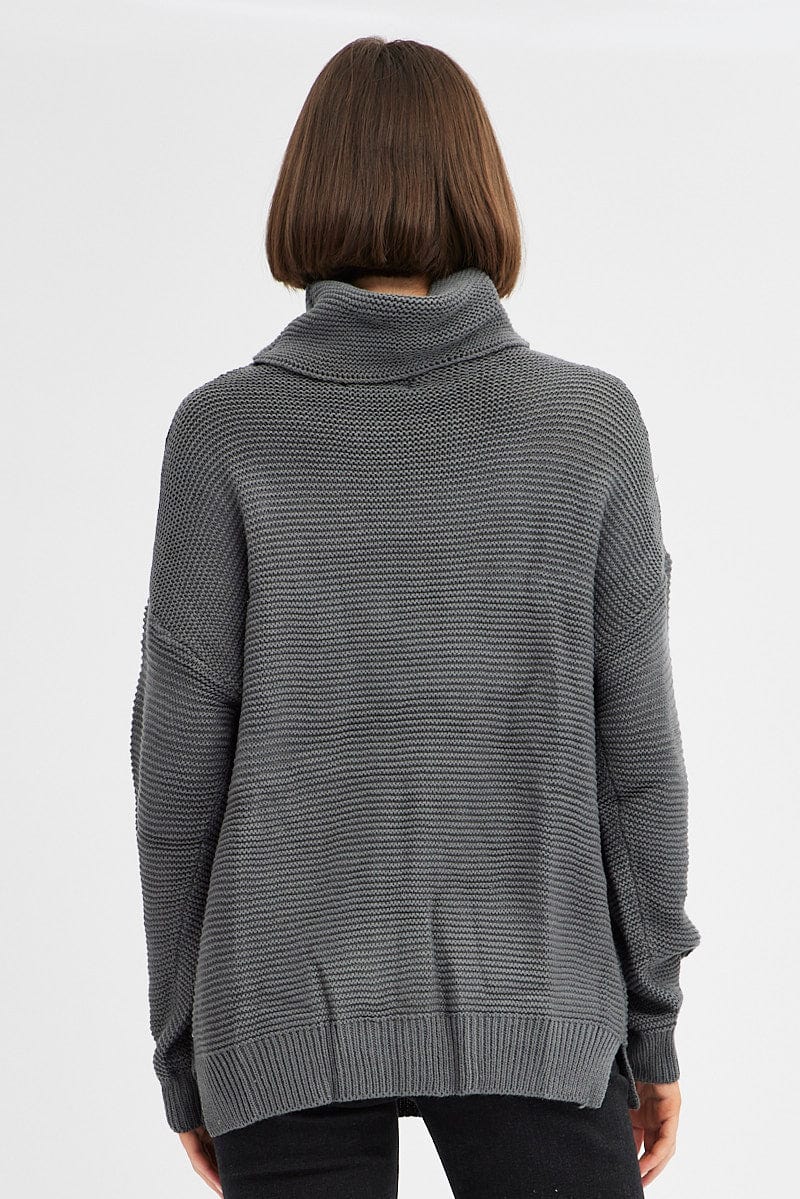 Grey Knit Top Long Sleeve Relaxed Turtleneck