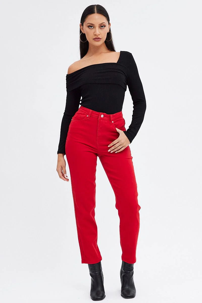 Black Top One Shoulder Long Sleeve Rib
