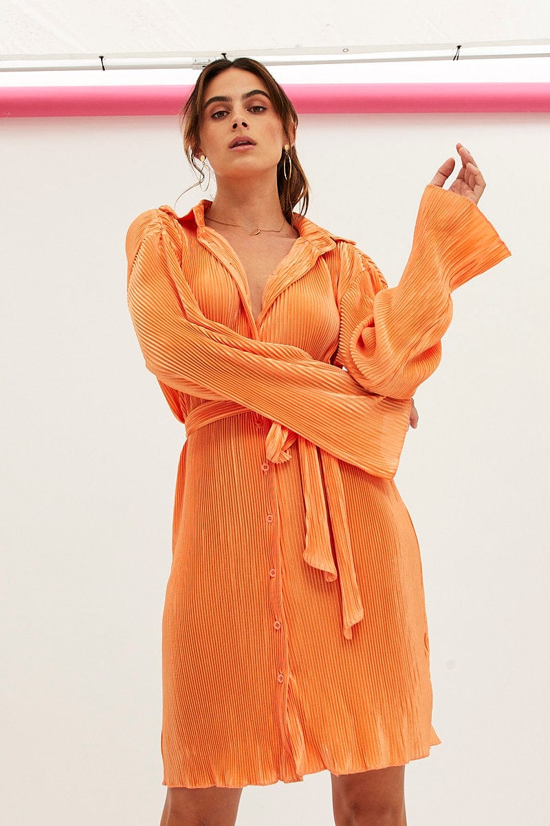 Orange Plisse Shirt Dress Front Button