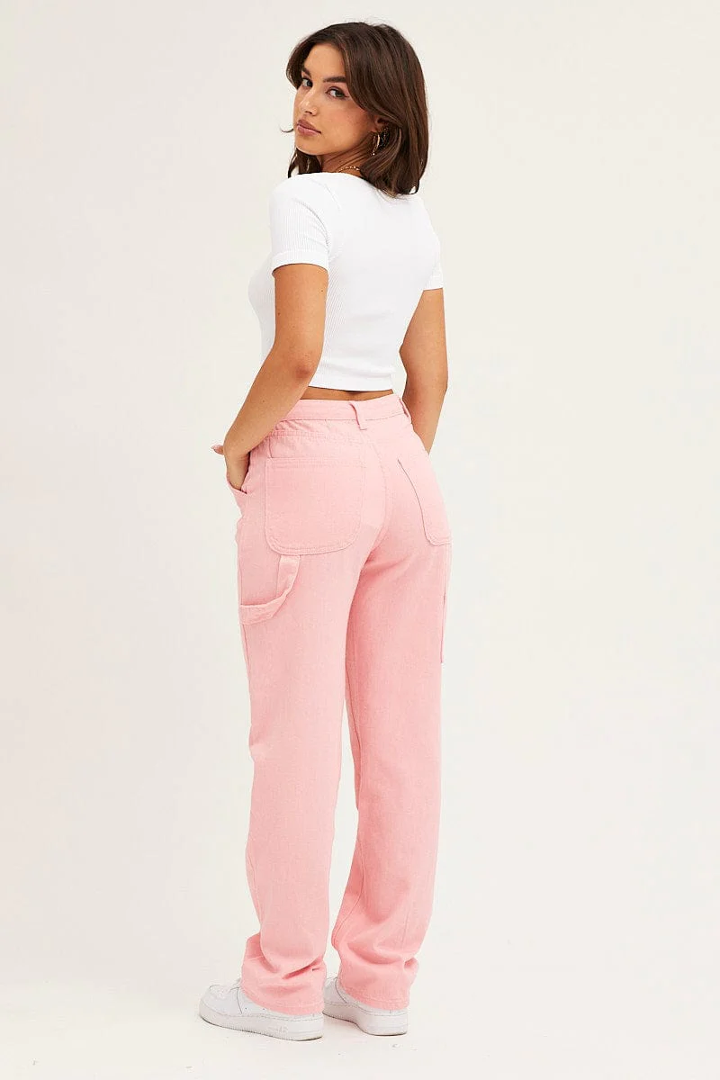 Pink Carpenter Denim Jeans High Rise
