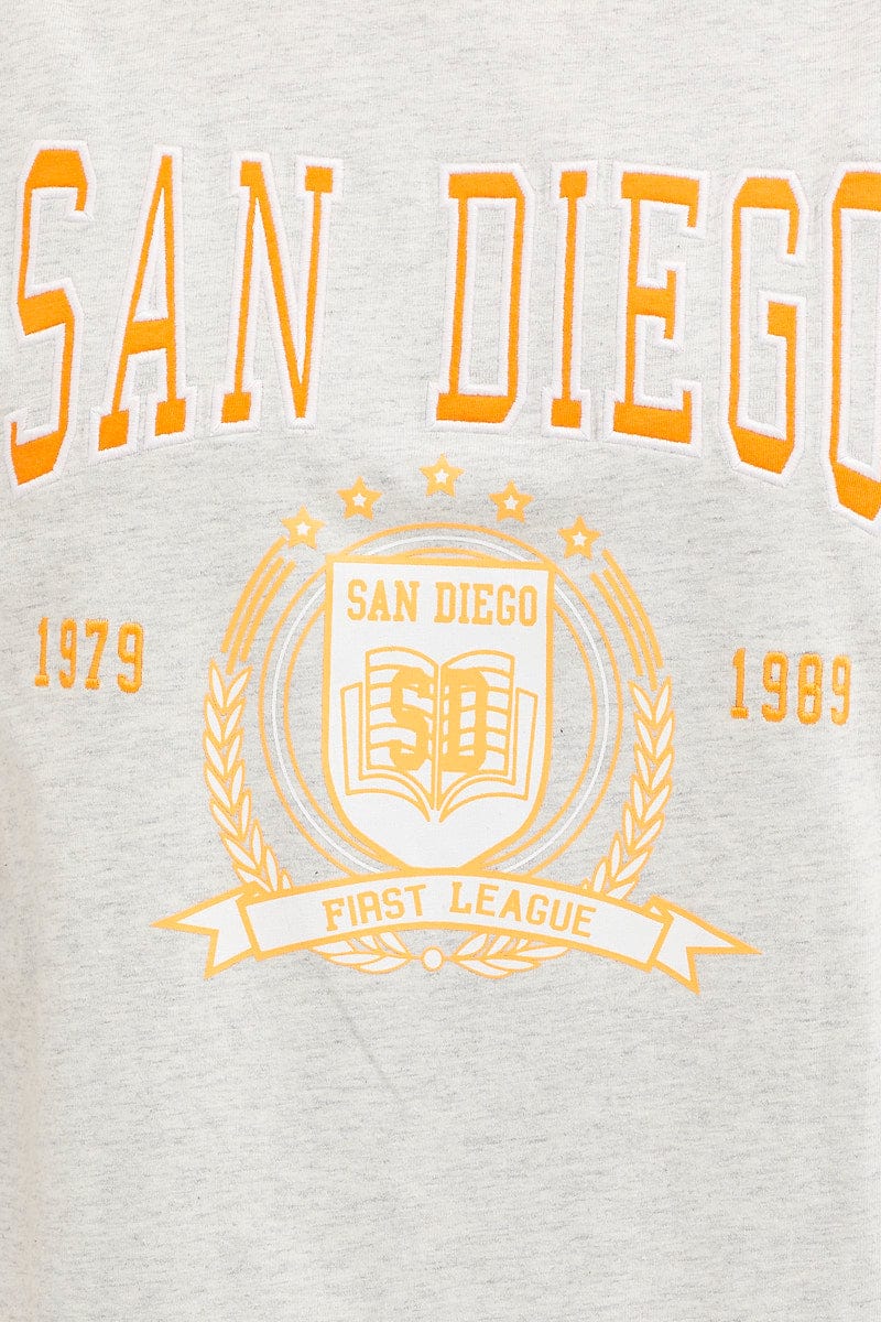 Grey Graphic T Shirt Short Sleeve Embroided