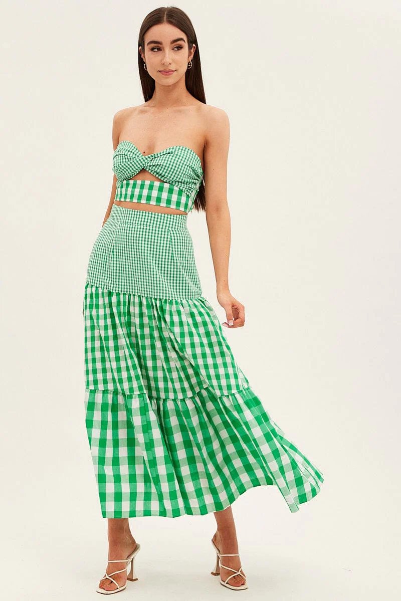 Check Maxi Skirt High Rise Tiered