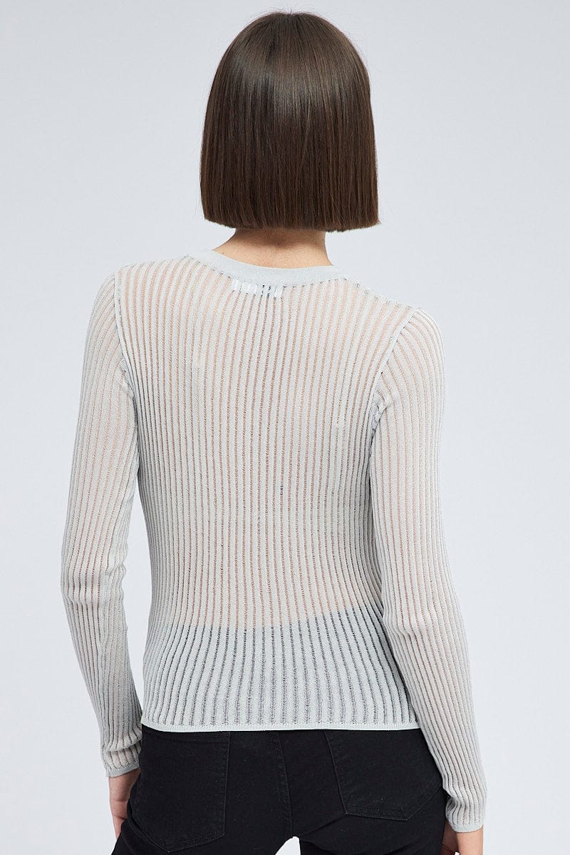 Grey Knit Top Long Sleeve Crew Neck