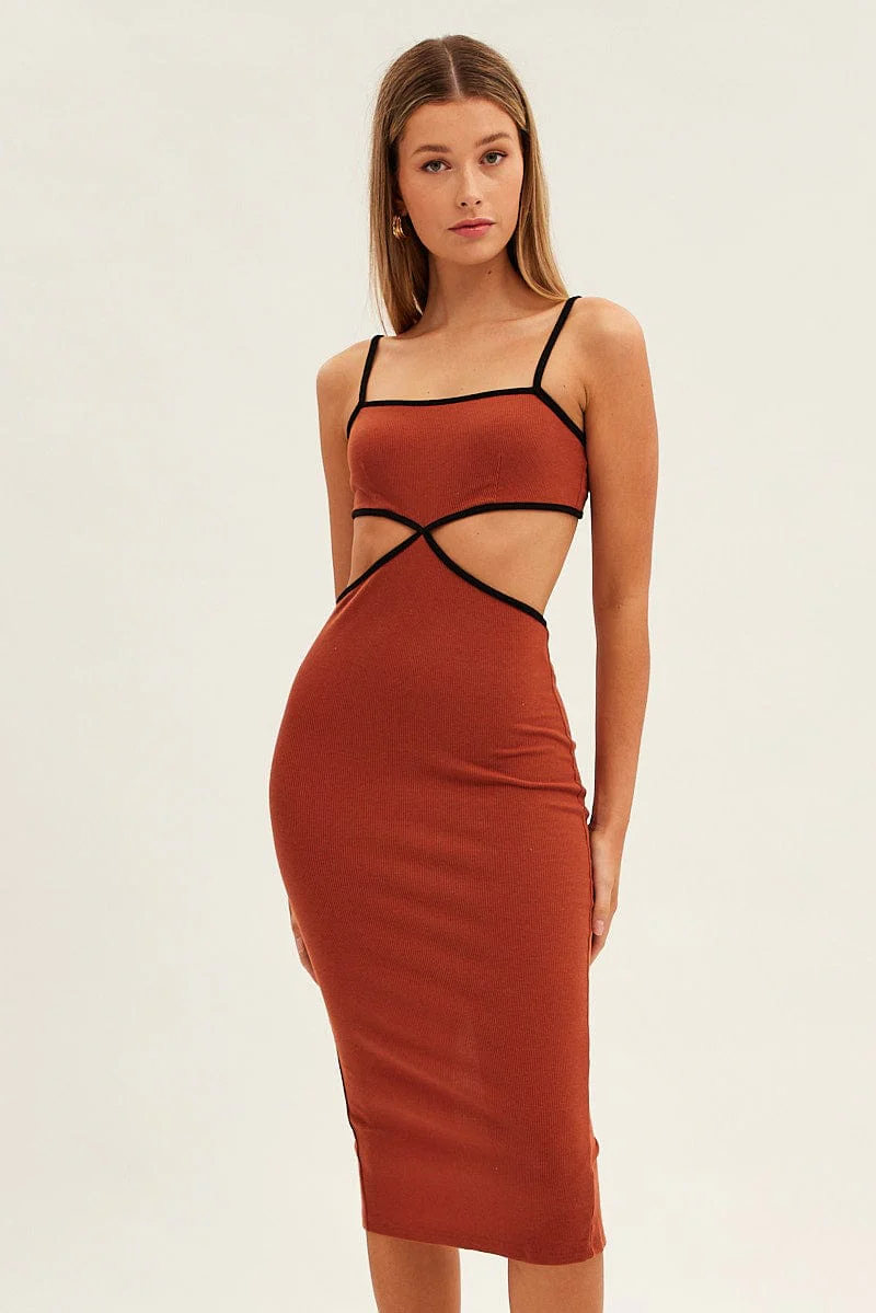 Brown Midi Dress Adjustable Straps Cut Out Jersey Rib