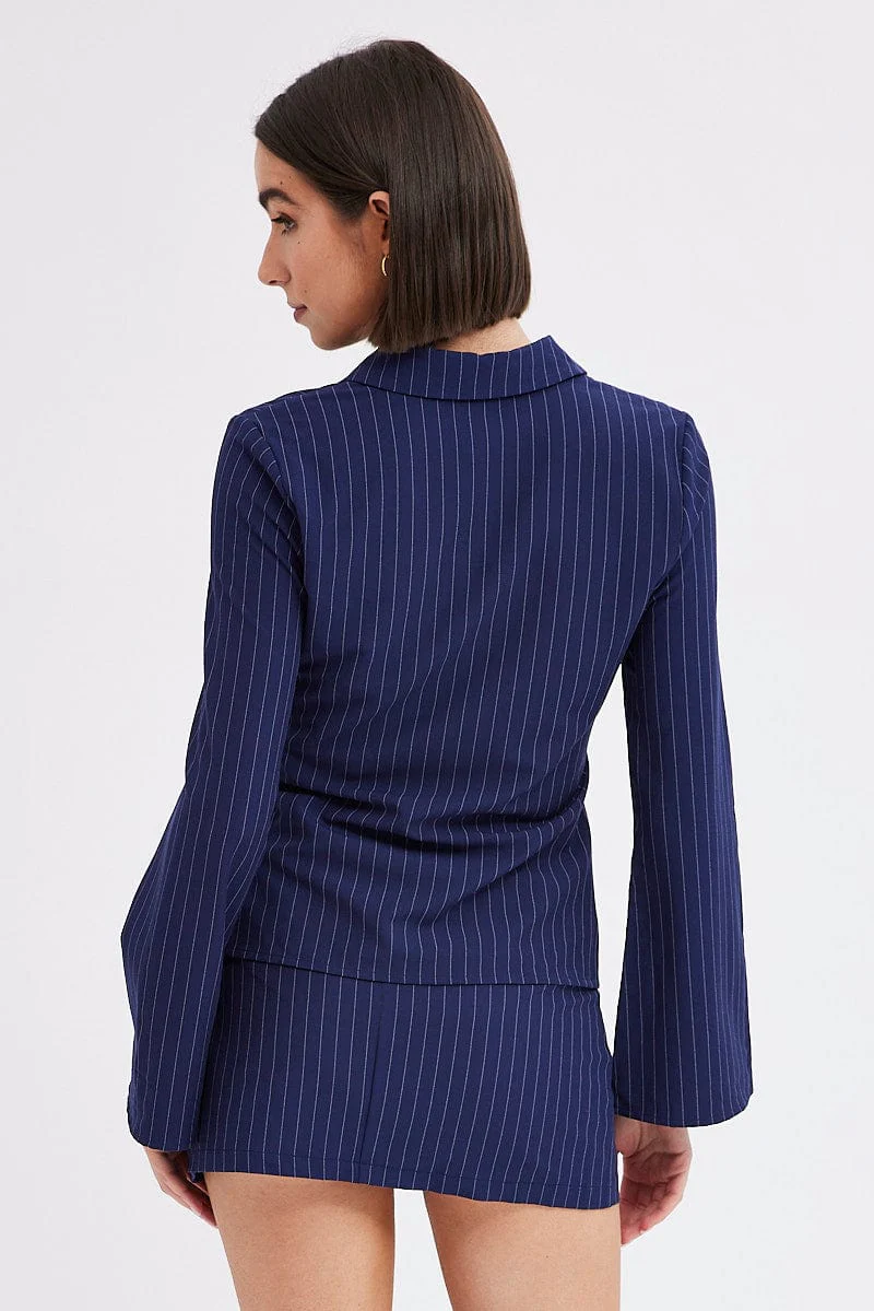 Blue Stripe Shirt Long Sleeve Collared Hook & Eye