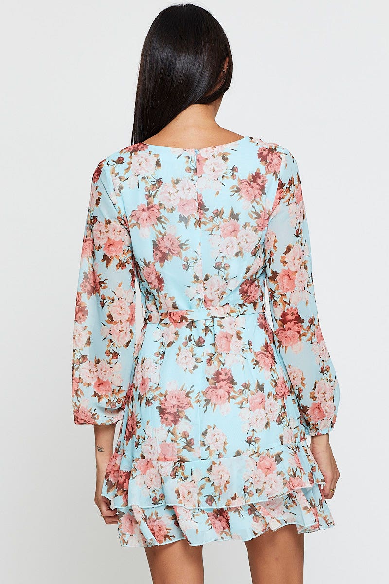 Print Mini Dress Long Sleeve V Neck