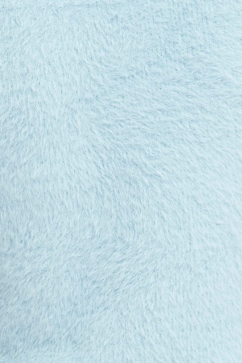 Blue Fluffy Knit Top Short Sleeve Crew Neck