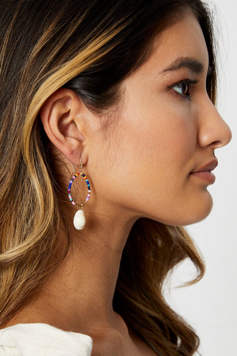 Multi Shell Drop Multi Coloured Beaded Hoop Earrings