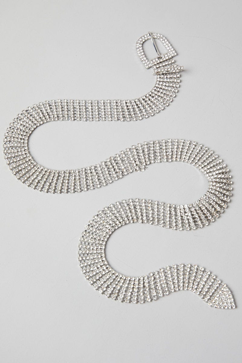 Silver Rhinestone Detail Buckle Belts