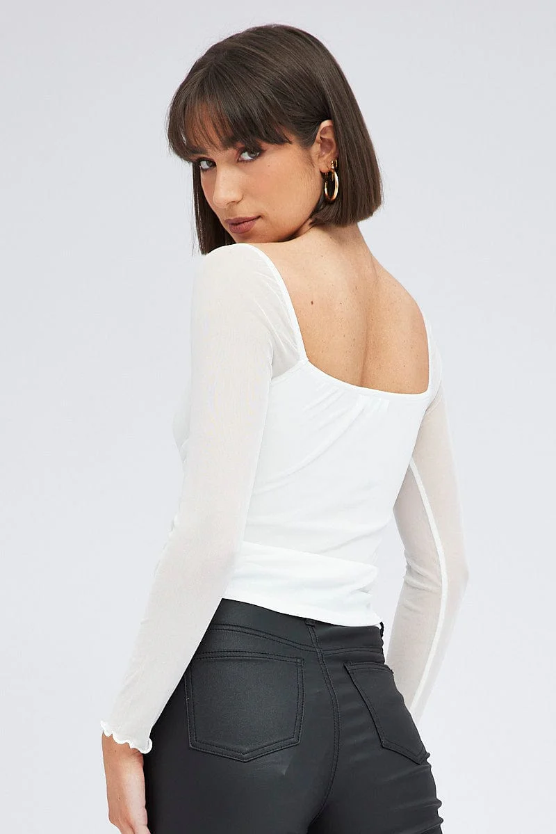 White Top Long Sleeve Sweetheart Keyhole Ruched Mesh