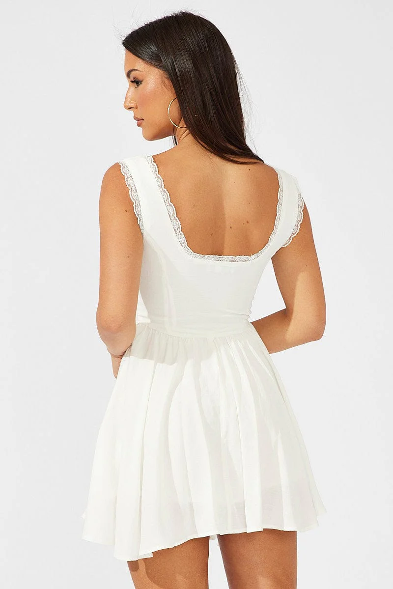 White Fit and Flare Dress Sleeveless Lace Trim